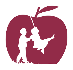 A maroon or berry-colored logo silhouette of an apple containing a child on a swing, cropped closely on the sides.